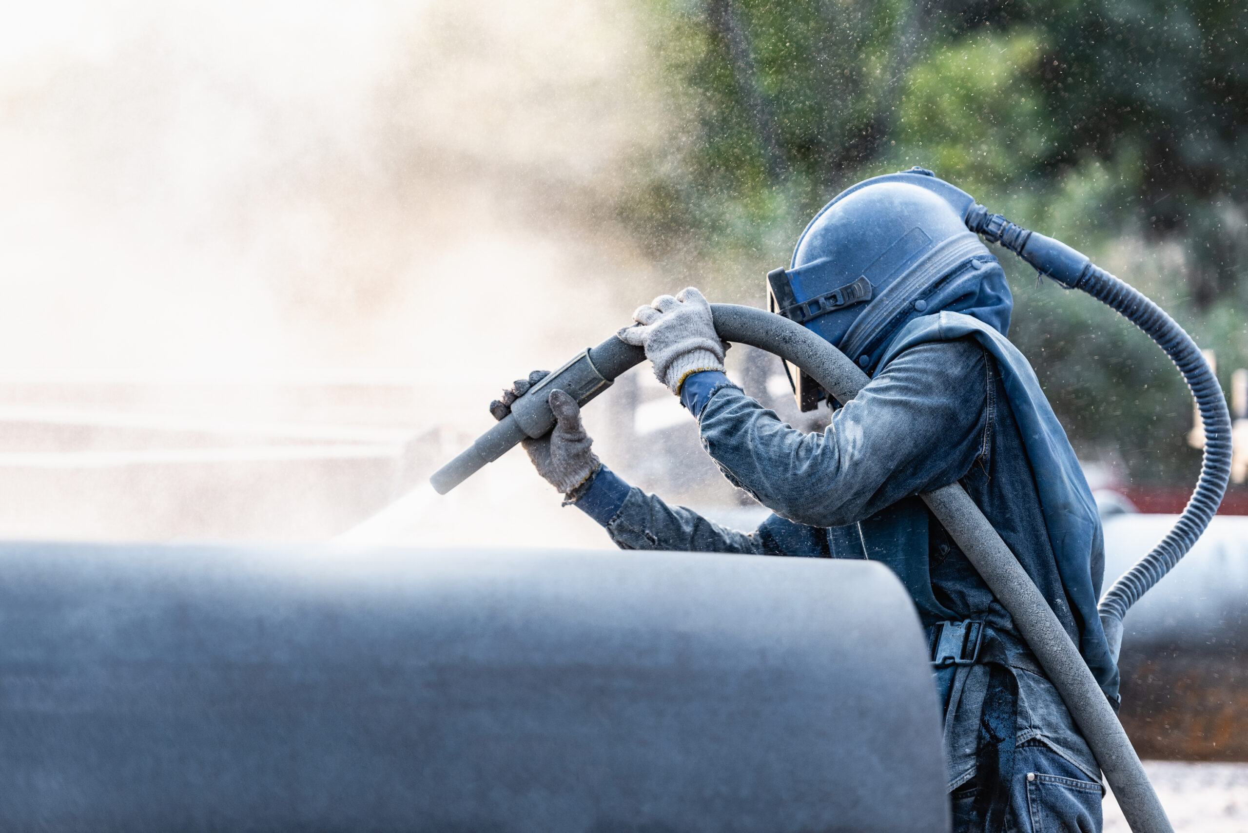 Sand Blasting Process Industial Worker Using Sand Blasting Process Preparation